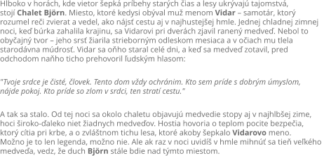 Hlboko v horch, kde vietor epk prbehy starch ias a lesy ukrvaj tajomstv,  stoj Chalet Bjrn. Miesto, ktor kedysi obval mu menom Vidar  samotr, ktor  rozumel rei zvierat a vedel, ako njs cestu aj v najhustejej hmle. Jednej chladnej zimnej  noci, ke brka zahalila krajinu, sa Vidarovi pri dverch zjavil ranen medve. Nebol to  obyajn tvor  jeho srs iarila striebornm odleskom mesiaca a v oiach mu tlela  starodvna mdros. Vidar sa oho staral cel dni, a ke sa medve zotavil, pred  odchodom naho ticho prehovoril udskm hlasom:  "Tvoje srdce je ist, lovek. Tento dom vdy ochrnim. Kto sem prde s dobrm myslom,  njde pokoj. Kto prde so zlom v srdci, ten strat cestu."  A tak sa stalo. Od tej noci sa okolo chaletu objavuj medvedie stopy aj v najhlbej zime,  hoci iroko-aleko niet iadnych medveov. Hostia hovoria o teplom pocite bezpeia,  ktor ctia pri krbe, a o zvltnom tichu lesa, ktor akoby epkalo Vidarovo meno. Mono je to len legenda, mono nie. Ale ak raz v noci uvid v hmle mihn sa tie vekho  medvea, vedz, e duch Bjrn stle bdie nad tmto miestom.