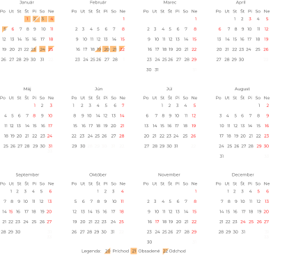 1     2     3     4      5  6      7    8    9   10     11    12  13    14   15   16   17    18    19  20   21   22  23  24    25   26  27   28  29  30  31            22                       Po   Ut   St   Št   Pi   So   Ne Január Po   Ut   St   Št   Pi   So   Ne Február Po   Ut   St   Št   Pi   So   Ne 1      2  3    4     5    6     7     8      9  10   11   12   13   14    15    16  17   18   19  20   21   22   23  24   25  26  27  28   29  30  31                                     33                                Marec Legenda:    20  Príchod   21  Obsadené   22 Odchod    Po   Ut   St   Št   Pi   So   Ne Apríl Po   Ut   St   Št   Pi   So   Ne Máj Po   Ut   St   Št   Pi   So   Ne Jún Po   Ut   St   Št   Pi   So   Ne August Po   Ut   St   Št   Pi   So   Ne September Po   Ut   St   Št   Pi   So   Ne Október Po   Ut   St   Št   Pi   So   Ne November Po   Ut   St   Št   Pi   So   Ne December Po   Ut   St   Št   Pi   So   Ne Júl 1    2     3     4     5      6  7    8    9   10    11    12    13  14  15   16    17   18    19  20  21  22  23   24   25   26  27  28  29  30                         31                                     33                                1    2     3     4     5      6  7    8    9   10    11    12    13  14  15   16    17   18    19  20  21  22  23   24   25   26  27  28  29  30   31                  31                                     33                                      1  2    3     4    5     6     7      8  9    10   11   12   13    14    15  16   17   18  19   20   21   22  23   24  25 26   27   28  29     30   31                               31                               1      2     3     4     5      6     7  8     9   10    14   12    13    14  15    16   17   18   19   20    21  22   23   24  25  26    27   28  29   30  28  29  30    31    22                       1     2     3     4      5  6      7    8    9   10     11    12  13    14   15   16   17    18    19  20   21   22  23  24    25   26  27   28  29  30                  22                       1     2      3  4    5    6     7    8     9    10  11  12   13    14   15    16   17  18  19  20   21   22   23  24  25  26  27  28   29  30   31                                                            33                                 1     2     3      4  5     6     7    8    9     10    11  12    13   14   15   16    17    18  19   20   21  22  23    24   25  26   27  28  29  30    31    22                             1  2    3     4    5     6     7      8  9    10   11   12   13    14    15  16   17   18  19   20   21   22  23   24  25 26   27   28  29     30                                     31                               1     2     3      4  5     6     7    8    9     10    11  12    13   14   15   16    17    18  19   20   21  22  23    24   25  26   27  28  29  30    31    22                             1  2    3     4    5     6     7      8  9    10   11   12   13    14    15  16   17   18  19   20   21   22  23   24  25 26   27   28     1