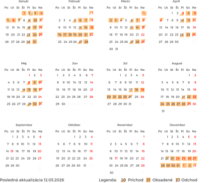 Posledná aktualizácia 12.03.2026                                  Legenda:    20  Príchod   21  Obsadené   22 Odchod    Po   Ut   St   Št   Pi   So   Ne Január Po   Ut   St   Št   Pi   So   Ne Február Po   Ut   St   Št   Pi   So   Ne Marec Po   Ut   St   Št   Pi   So   Ne Apríl Po   Ut   St   Št   Pi   So   Ne Máj Po   Ut   St   Št   Pi   So   Ne Jún Po   Ut   St   Št   Pi   So   Ne August Po   Ut   St   Št   Pi   So   Ne September Po   Ut   St   Št   Pi   So   Ne Október Po   Ut   St   Št   Pi   So   Ne November Po   Ut   St   Št   Pi   So   Ne December Po   Ut   St   Št   Pi   So   Ne Júl 1    2     3     4     5      6  7    8    9   10    11    12    13  14  15   16    17   18    19  20  21  22  23   24   25   26  27  28  29  30                         31                                     33                                 1      2     3     4     5      6     7  8     9   10    14   12    13    14  15    16   17   18   19   20    21  22   23   24  25  26    27   28  29   30  28  29  30    31    22                        1     2     3      4  5     6     7    8    9     10    11  12    13   14   15   16    17    18  19   20   21  22  23    24   25  26   27  28  29  30    31    22                             1  2    3     4    5     6     7      8  9    10   11   12   13    14    15  16   17   18  19   20   21   22  23   24  25 26   27   28  29     30                                     31                              1    2     3     4     5      6  7    8    9   10    11    12    13  14  15   16    17   18    19  20  21  22  23   24   25   26  27  28  29  30  31     1      2     3                                    33                                 1     2     3      4  5     6     7    8    9     10    11  12    13   14   15   16    17    18  19   20   21  22  23    24   25  26   27  28  29  30    31    22                             1  2    3     4    5     6     7      8  9    10   11   12   13    14    15  16   17   18  19   20   21   22  23   24  25 26   27   28     1                              1      2  3    4     5    6     7     8      9  10   11   12   13   14    15    16  17   18   19  20   21   22   23  24   25  26  27  28   29  30  31                                     33                                1     2     3     4      5  6      7    8    9   10     11    12  13    14   15   16   17    18    19  20   21   22  23  24    25   26  27   28  29  30  31            22                       1     2     3     4      5  6      7    8    9   10     11    12  13    14   15   16   17    18    19  20   21   22  23  24    25   26  27   28  29  30                  22                             1  2    3     4    5     6     7      8  9    10   11   12   13    14    15  16   17   18  19   20   21   22  23   24  25 26   27   28  29     30   31                               31                              1     2      3  4    5    6     7    8     9    10  11  12   13    14   15    16   17  18  19  20   21   22   23  24  25  26  27  28   29  30   31                                                            33