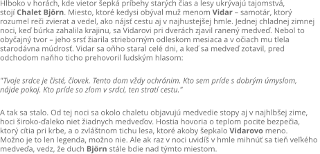 Hlboko v horch, kde vietor epk prbehy starch ias a lesy ukrvaj tajomstv,  stoj Chalet Bjrn. Miesto, ktor kedysi obval mu menom Vidar  samotr, ktor  rozumel rei zvierat a vedel, ako njs cestu aj v najhustejej hmle. Jednej chladnej zimnej  noci, ke brka zahalila krajinu, sa Vidarovi pri dverch zjavil ranen medve. Nebol to  obyajn tvor  jeho srs iarila striebornm odleskom mesiaca a v oiach mu tlela  starodvna mdros. Vidar sa oho staral cel dni, a ke sa medve zotavil, pred  odchodom naho ticho prehovoril udskm hlasom:  "Tvoje srdce je ist, lovek. Tento dom vdy ochrnim. Kto sem prde s dobrm myslom,  njde pokoj. Kto prde so zlom v srdci, ten strat cestu."  A tak sa stalo. Od tej noci sa okolo chaletu objavuj medvedie stopy aj v najhlbej zime,  hoci iroko-aleko niet iadnych medveov. Hostia hovoria o teplom pocite bezpeia,  ktor ctia pri krbe, a o zvltnom tichu lesa, ktor akoby epkalo Vidarovo meno. Mono je to len legenda, mono nie. Ale ak raz v noci uvid v hmle mihn sa tie vekho  medvea, vedz, e duch Bjrn stle bdie nad tmto miestom.